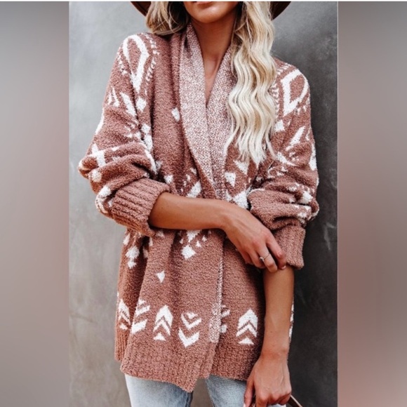 Vici Coyote Hills Aztec Print Cozy Open Front Cardigan Sweater Light Brown White - Picture 2 of 9